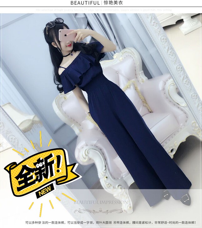 雪纺长裤阔腿裤深蓝色抹胸吊带连体裤女夏学生...