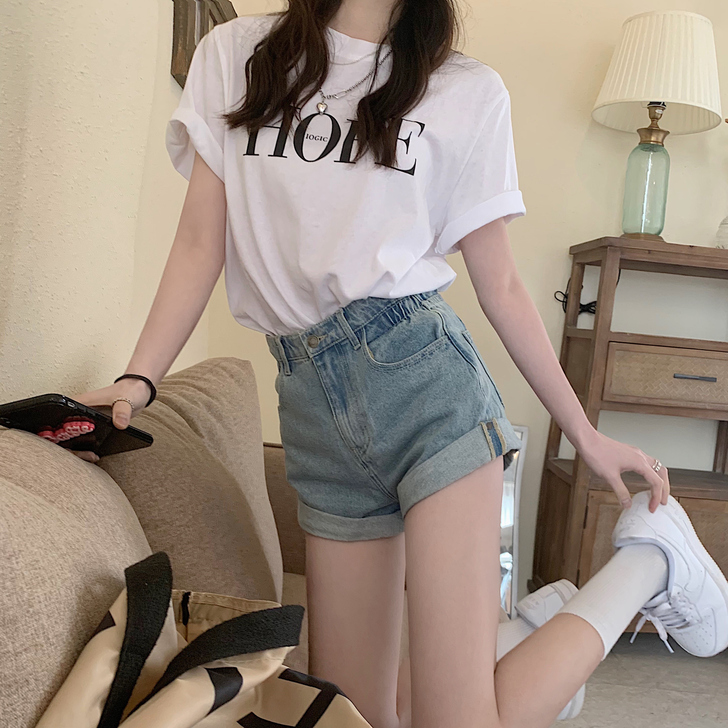 复古港风卷边牛仔裤女装夏季短裤裤子高腰显瘦...