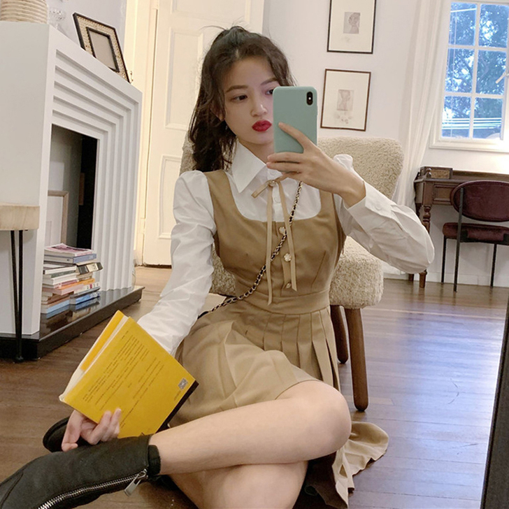韩版拼色假两件衬衫连衣裙女2020秋季新款...