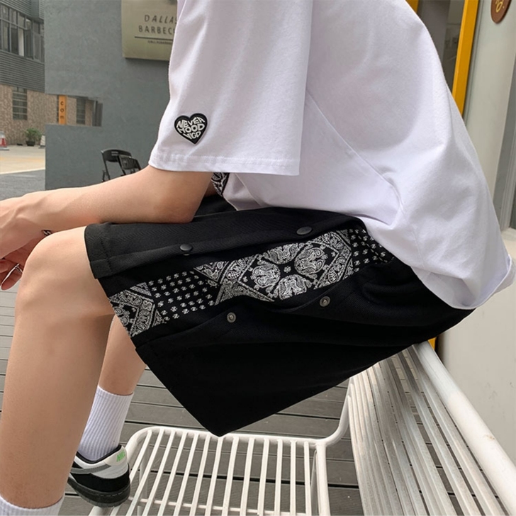 夏季短裤潮牌ins宽松直筒拼色印花五分裤港...
