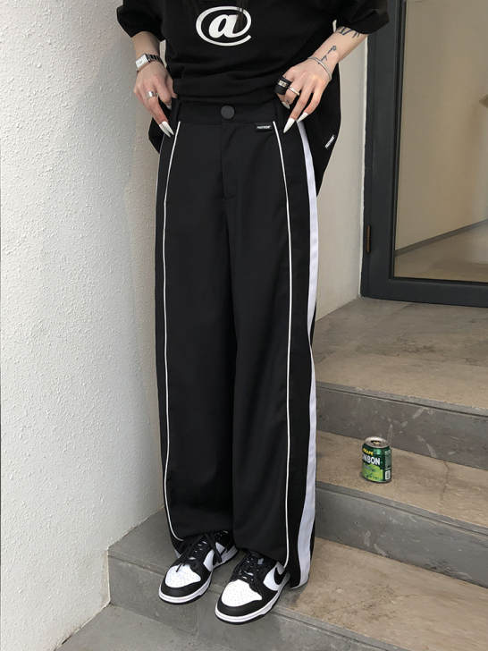美伢FUZZYKON 垂顺休闲拼接白边西裤