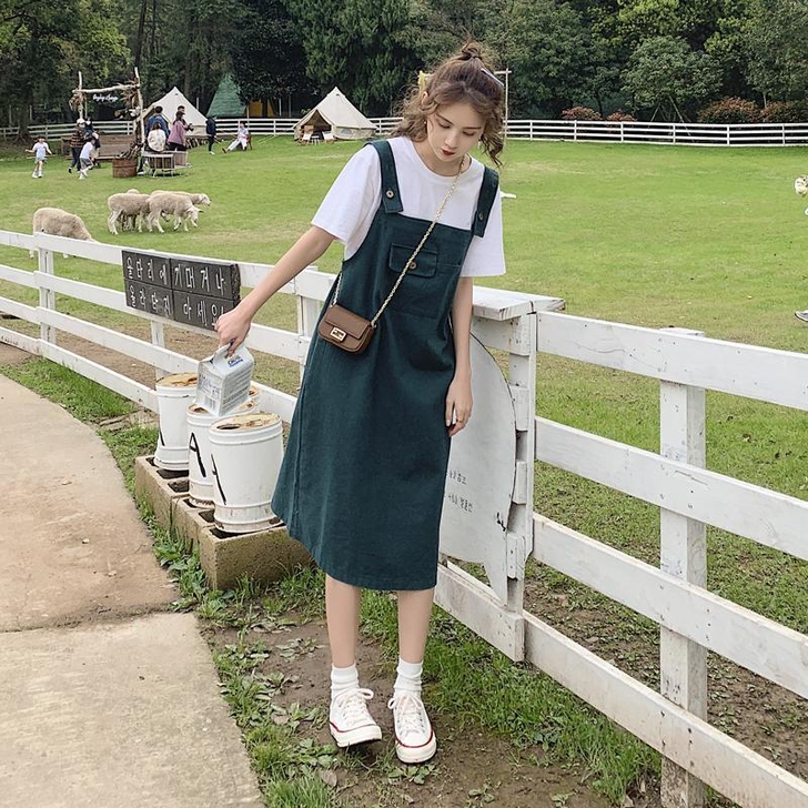 绿色牛仔背带裙女小清新夏季新款韩版宽松森系...