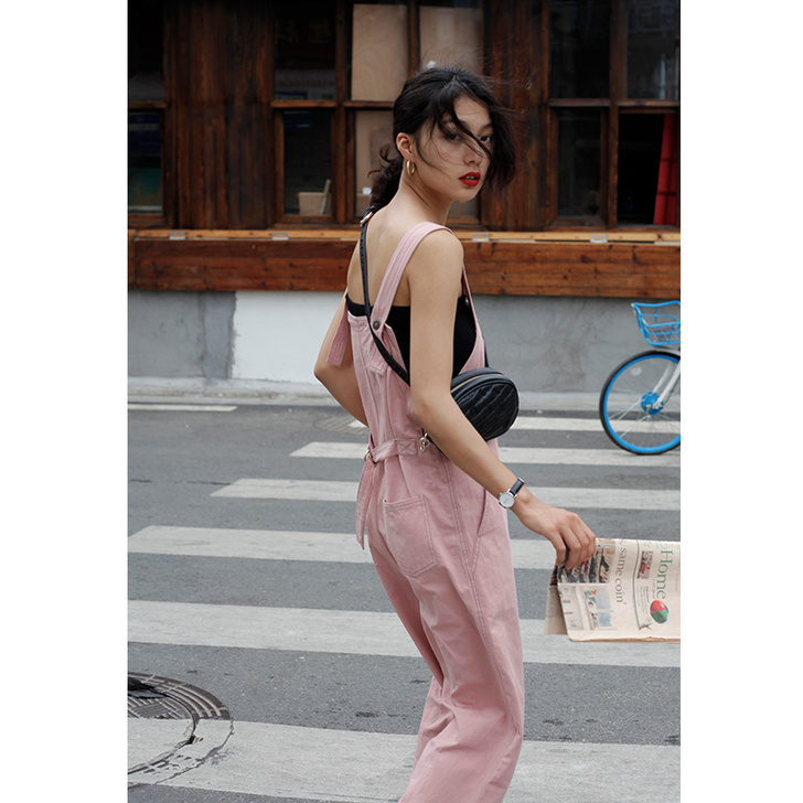 夕蒙2019新款春季薄款工装吊带连体裤阔腿...