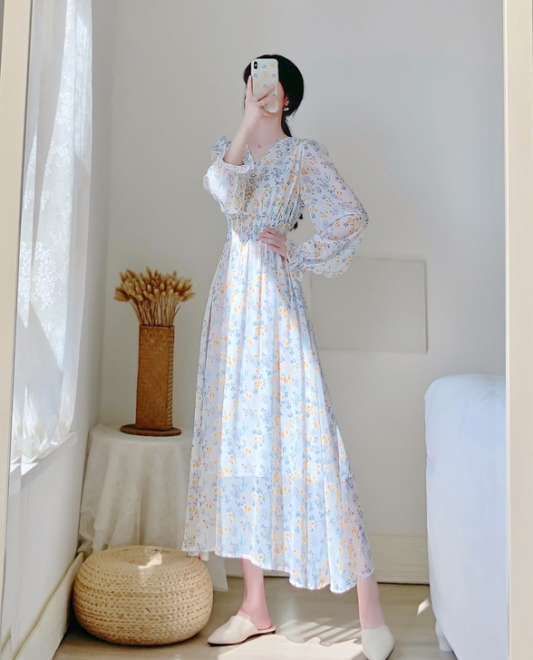 法式雪纺小碎花裙春秋季女装连衣裙可甜可盐裙...