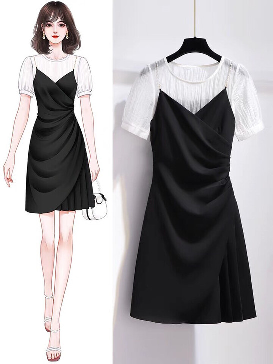 全新黑白显瘦小个子假两件少女风连衣裙。 上...