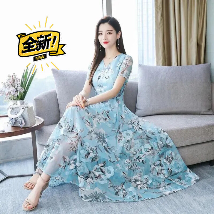 全新 2021新款冰丝印花连衣裙夏V领长款...