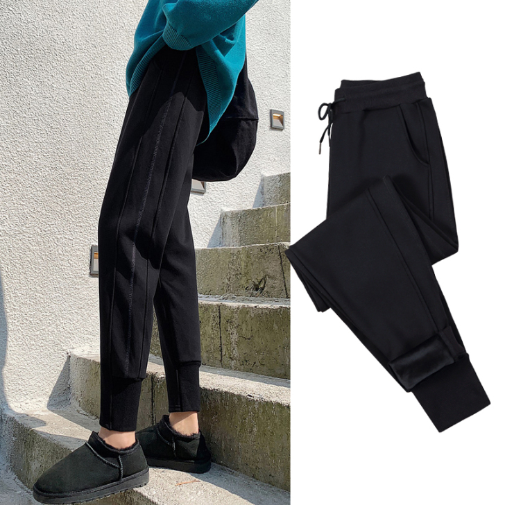 加绒运动裤女宽松束脚黑色卫裤夏百搭显瘦萝卜...