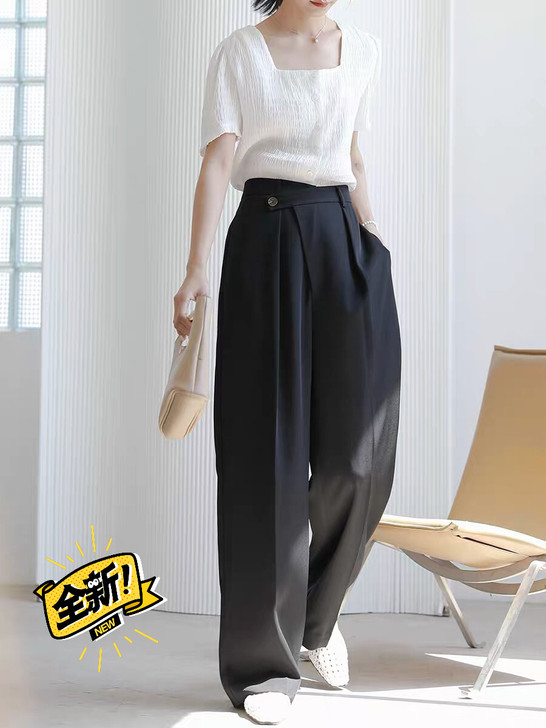黑色白色阔腿裤女高腰垂感宽松直筒西装裤设计...