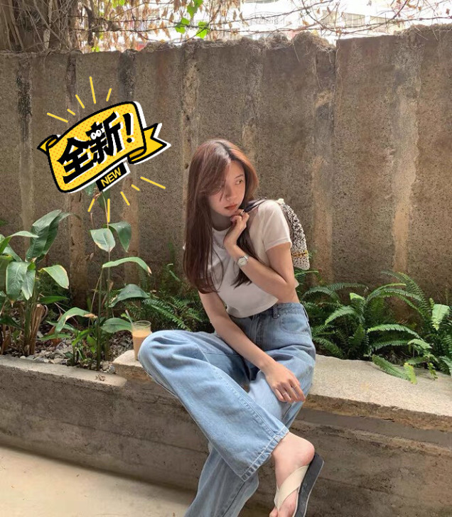 全新复古高腰阔腿牛仔裤女