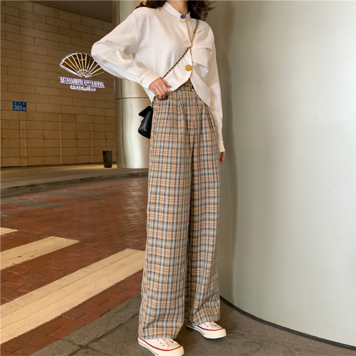 全新 复古高腰格子阔腿裤女韩版宽松显瘦休闲...