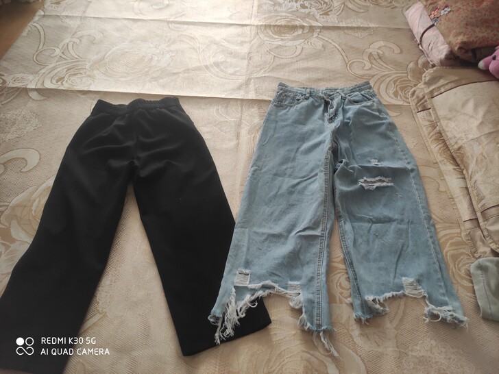 bf高腰宽松阔腿牛仔裤女chic韩版破烂休...