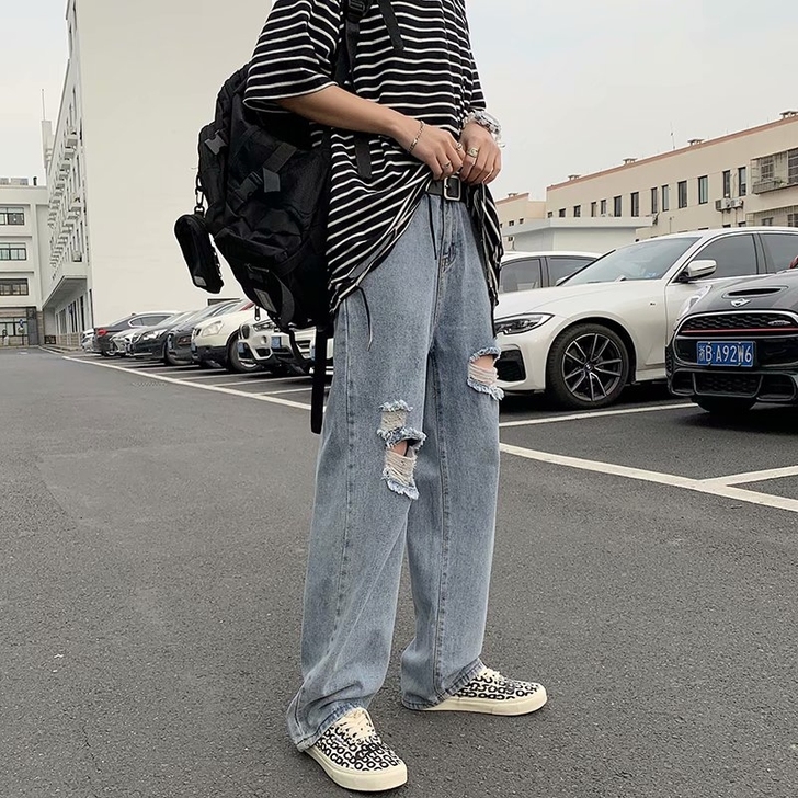 港风直筒牛仔破洞长裤男潮牌坠感阔腿裤休闲宽...