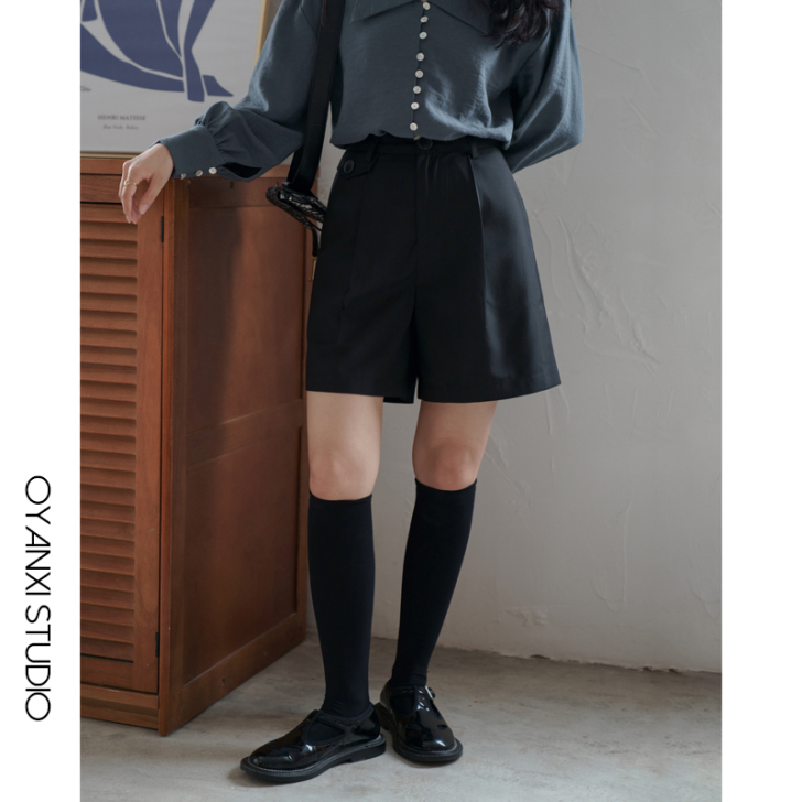 欧阳喜五分裤女宽松黑色西装短裤高腰休闲裤直...