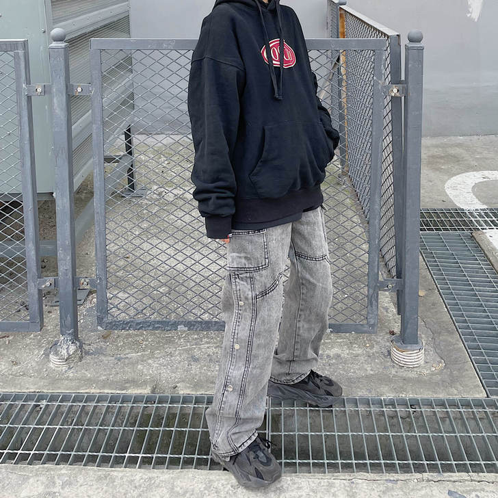 气泡因子 休闲直筒牛仔裤长裤排扣情侣水洗做...