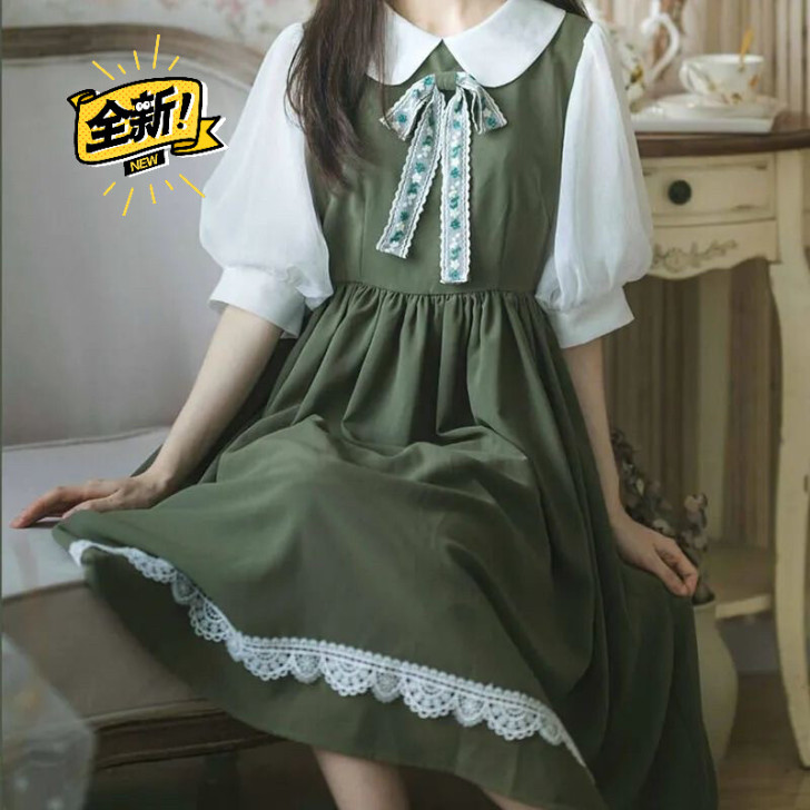 学院风夏甜美泡泡袖蝴蝶结短袖连衣裙女学生韩...