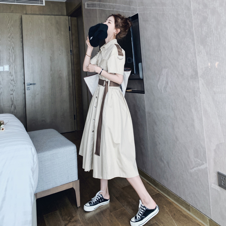 法式连衣裙女夏装2021新款复古工装衬衫裙...