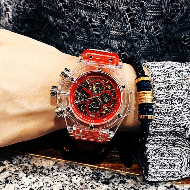 【全新包邮机械表】欧美街拍男全自动镂空透明...