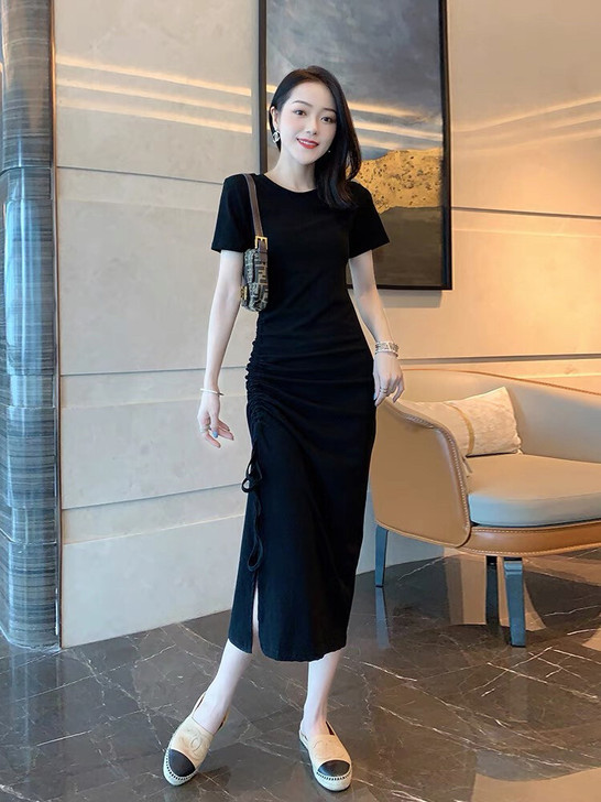 夏季2021新款气质短袖连衣裙女设计感抽褶...