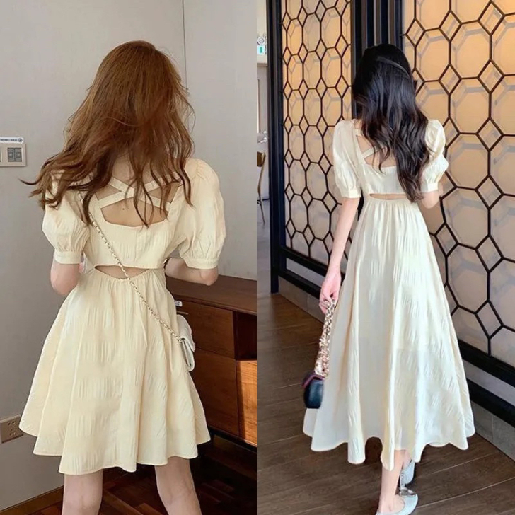 {有里布}法式桔梗初恋甜美小个子泡泡袖露背...