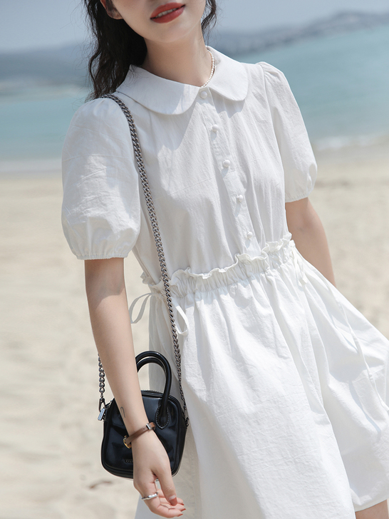 时差 白色衬衫连衣裙女夏短裙娃娃领减龄裙子...