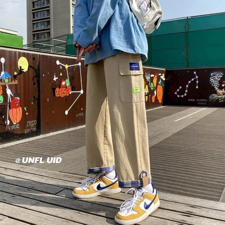 裤子男2021夏季港风宽松工装裤学生潮流帅...