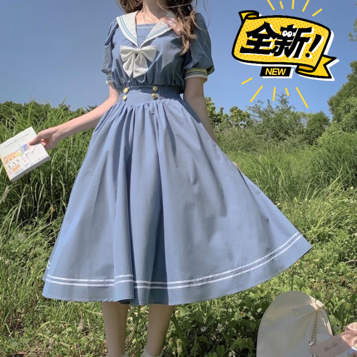 韩版拼色学院风连衣裙女夏季新款学生百搭宽松...