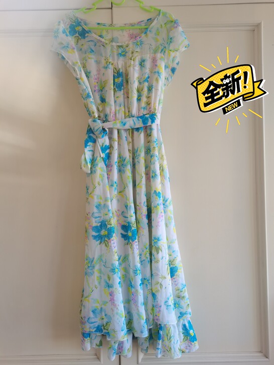 蓝白绿碎花雪纺裙M码，身高156-162，...