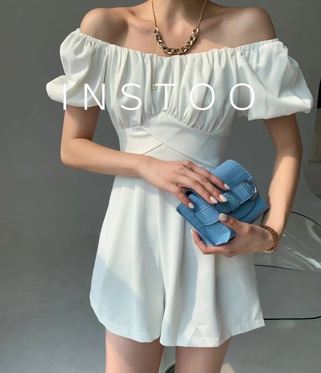 法式气质一字肩泡泡袖连体裤女夏新款收腰显瘦...