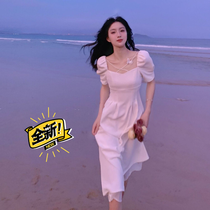 【服装店倒闭清库存】法式方领白色初恋裙20...