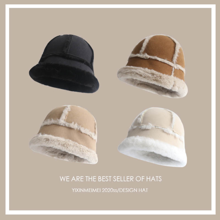 韩版洋气毛绒圆顶水桶帽女冬季保暖麂皮绒遮脸...