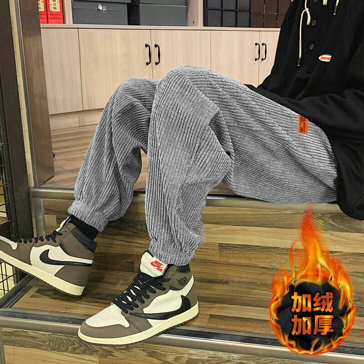 灯芯绒裤子男冬季秋季新款宽松潮流束脚加绒加...