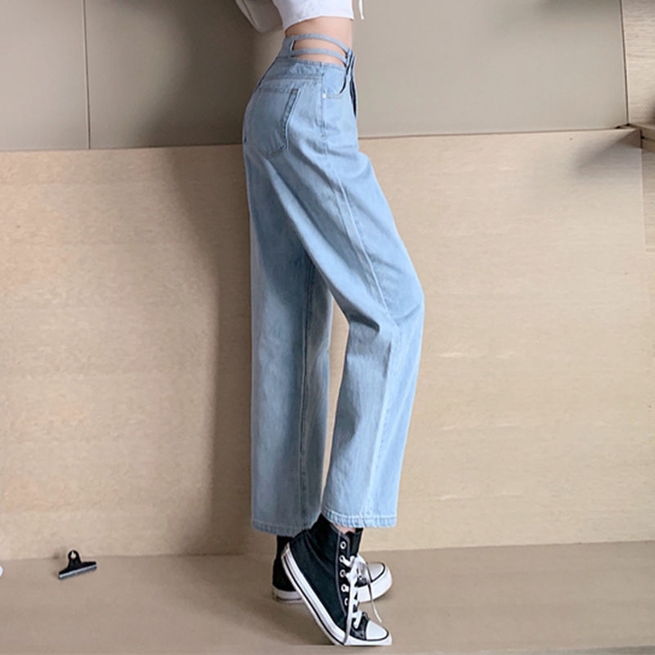 高腰镂空牛仔裤女2021新款潮ins宽松显...