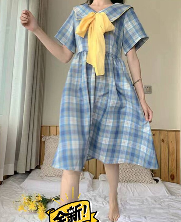 2021夏季新款甜美学院风蓝色格子连衣裙超...