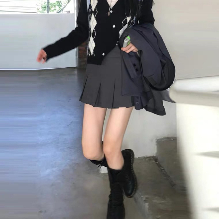 灰色百褶裙女夏季薄款高腰半身裙学院风tb短...