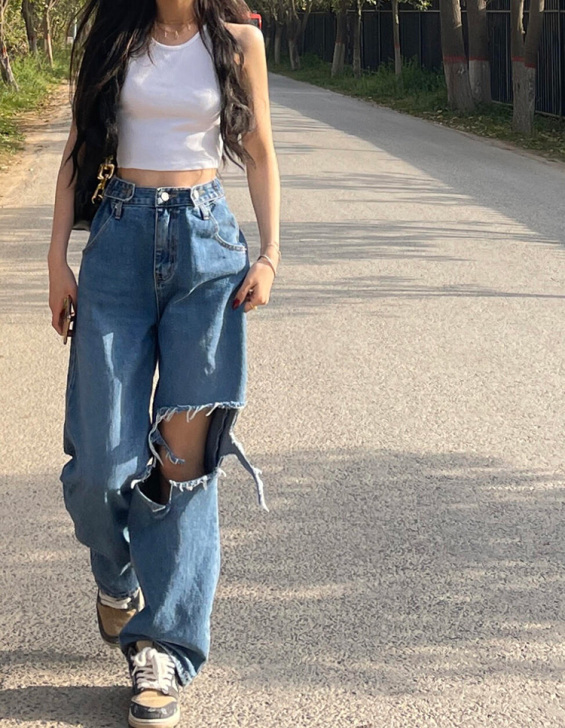 辣妹炸街夏装破洞牛仔裤女男薄款宽松高腰直筒...