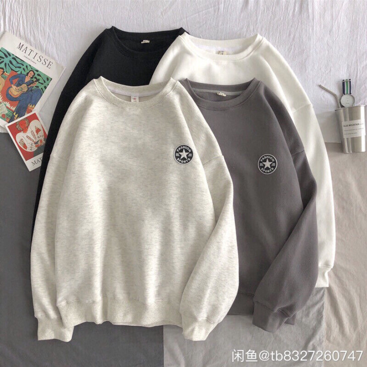 圆领卫衣男冬季简约潮流宽松日系卫衣加绒潮牌...