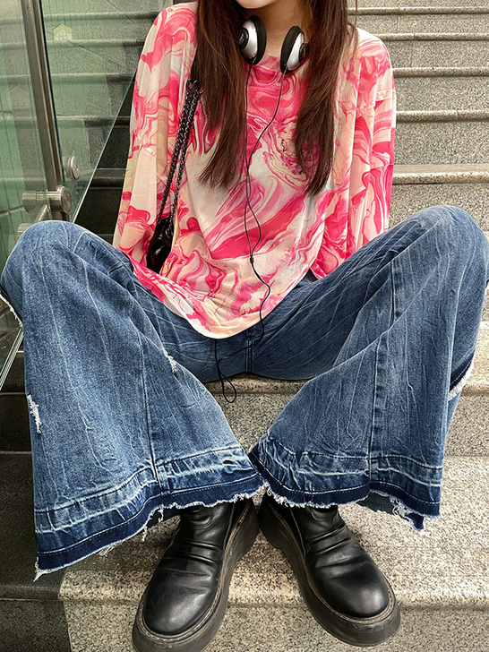 花田橱窗毛边喇叭裤女夏设计感高腰显高显瘦磨...
