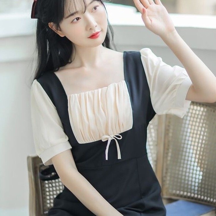 法式初恋甜美假两件连衣裙夏2021新款复古...