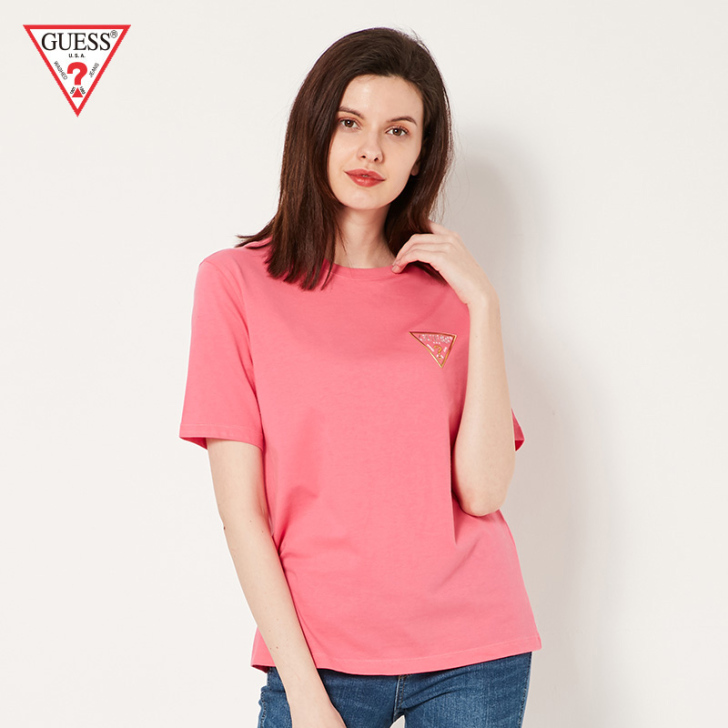GUESS情侣款女士纯色倒三角LOGO短袖...