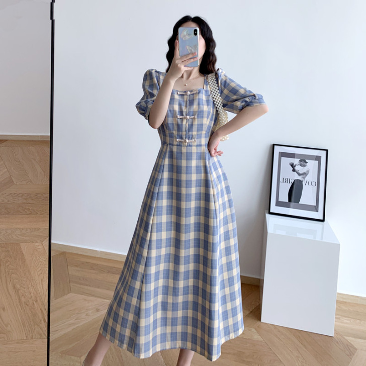 法式桔梗裙可盐可甜少女格子连衣裙夏新款女神...