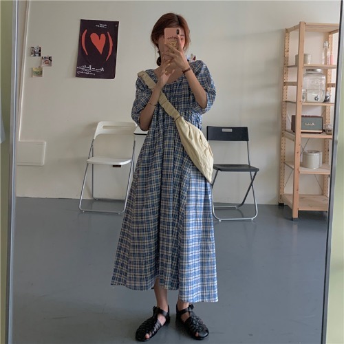 复古格子中长款气质A字裙子女装韩版夏季短袖...