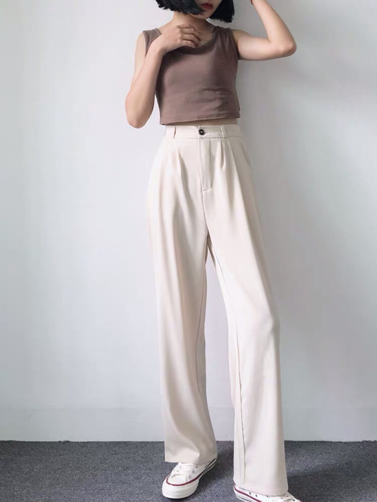 杨桃桃 冷淡风白杏色高腰西装阔腿裤女宽松休...