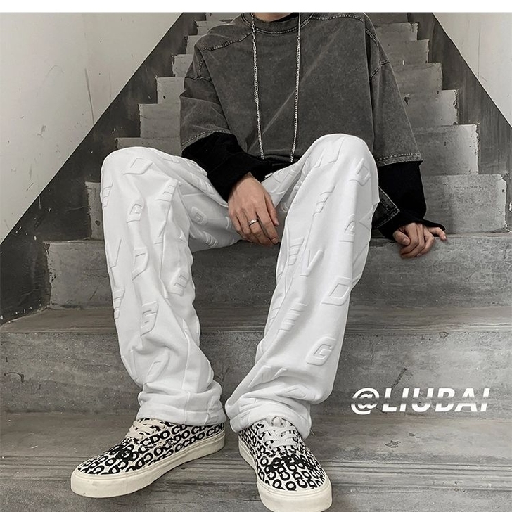 发泡字母印花休闲长裤男宽松直筒潮流百搭阔腿...