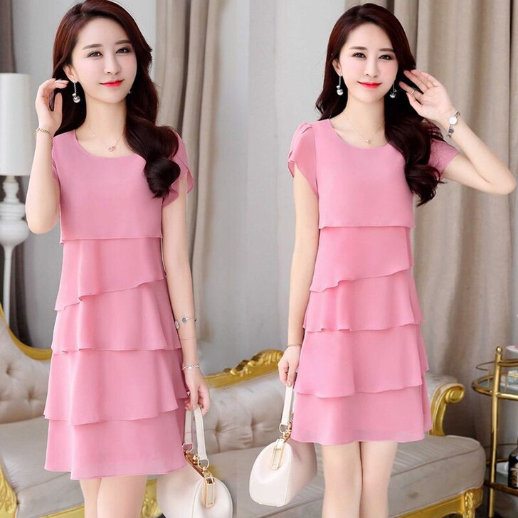 连衣裙夏季新款韩版宽松显瘦遮肚层层雪纺连衣...