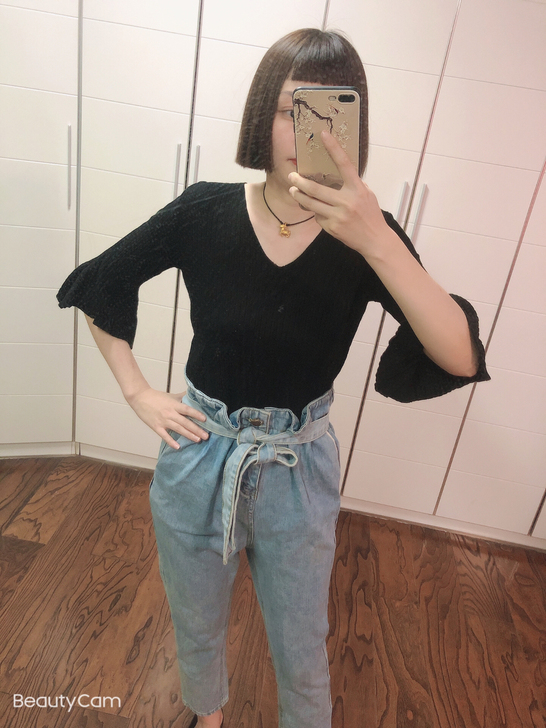 韩版港味复古chic系带高腰牛仔裤女夏宽松...