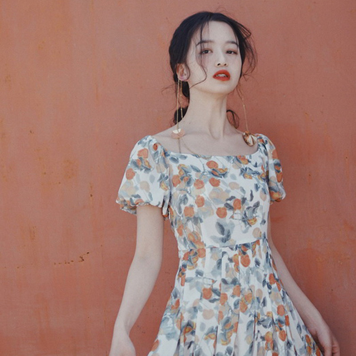 复古温柔风rouje碎花连衣裙女春秋小个子...