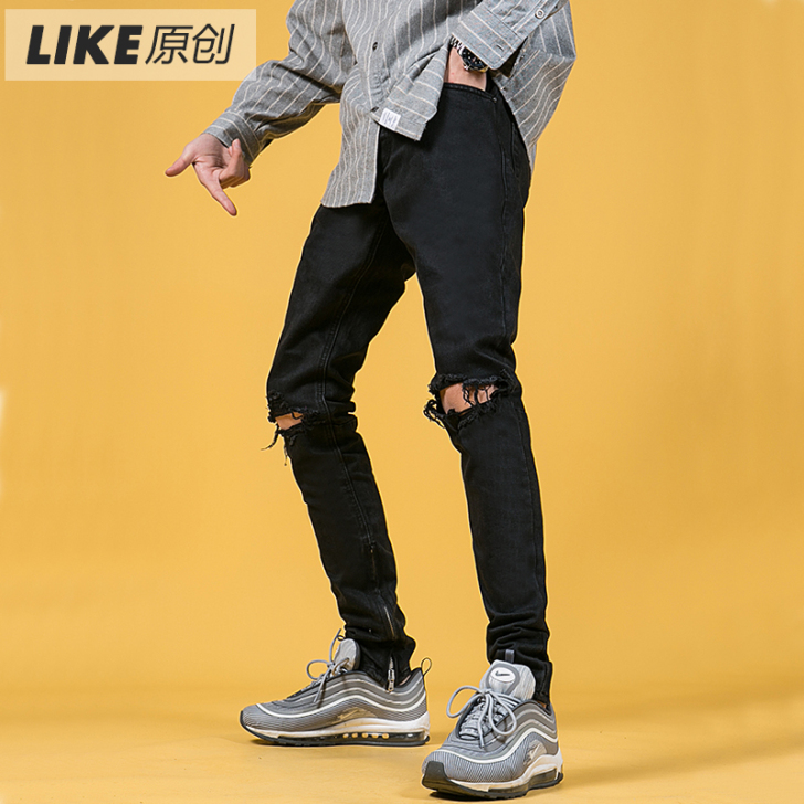 fog高街黑色破洞牛仔裤男女KANYE修身...