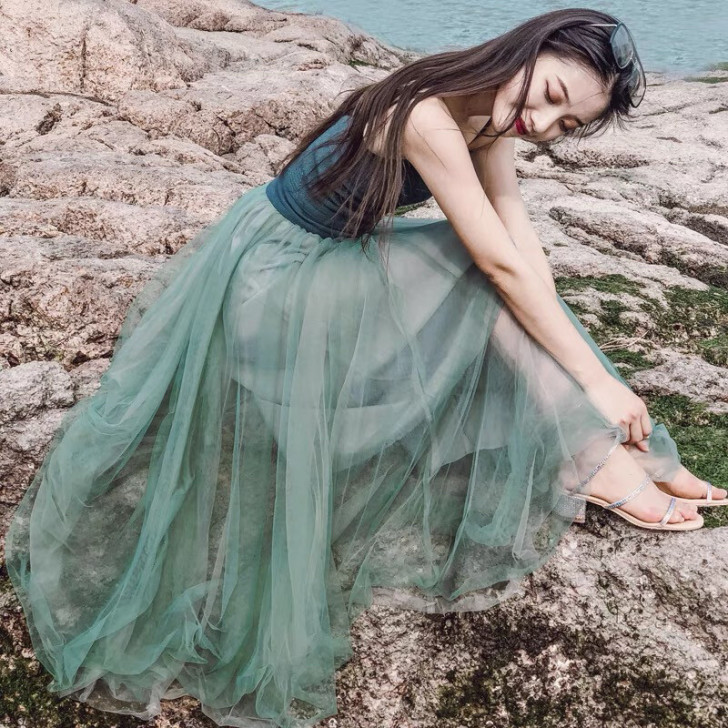 夏季复古吊带超仙女裙网纱连衣裙三亚海边旅游...