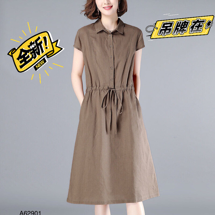 清仓全新减龄宽松休闲系带棉女短袖中长款新款...