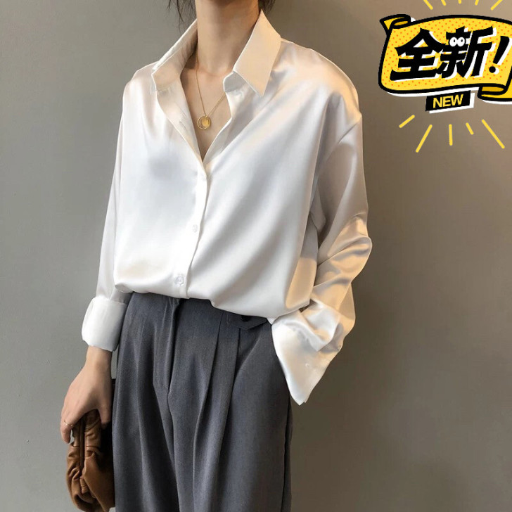 丝绸缎面衬衫女设计感小众夏季韩版宽松OL白...